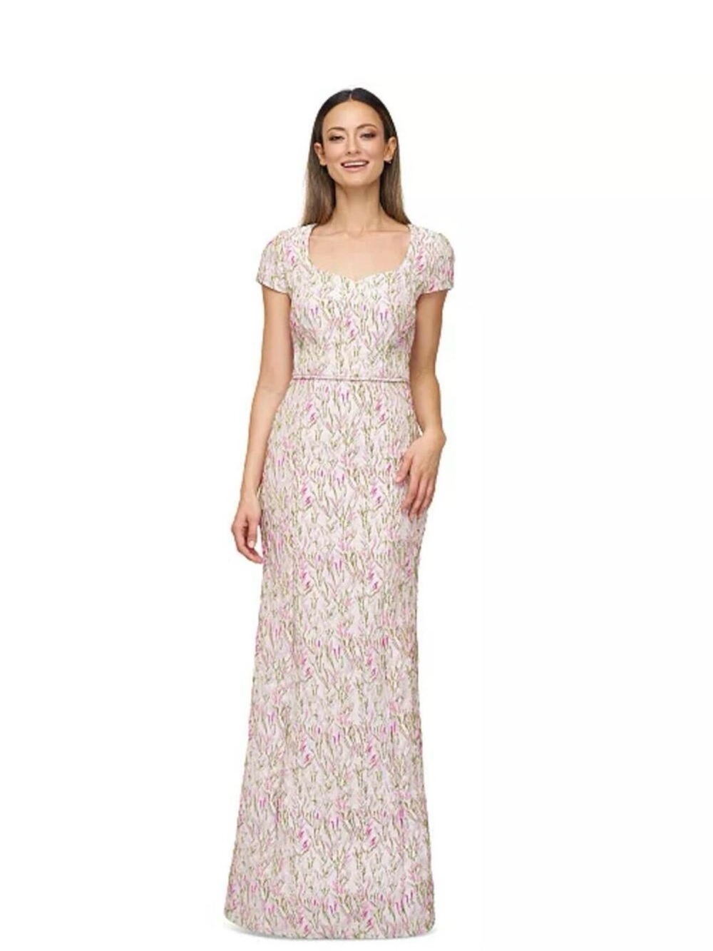 JS Collections Pink and Ivory Floral Cap-Sleeve Maxi Dress
